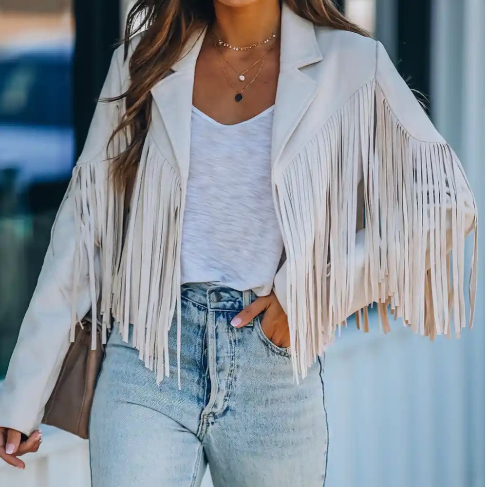 New Tassel fringe Faux suede women jacket zip front coat